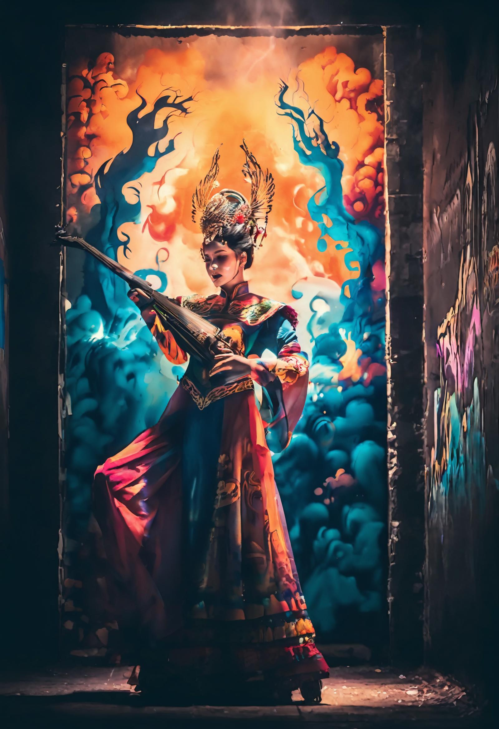 urban graffiti style concept art A Chinese female Opera playing,fire,fog, primary style, radiant light, mysterious mist, v...