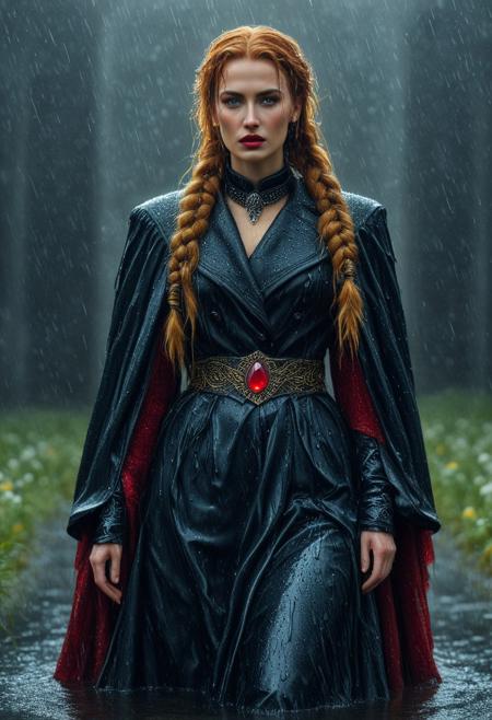 tearStyle2, nbn-freyja, (rainy background:2), indoors, standing, 1woman, solo, long hair, black choker, eyeliner, gorgeous lips, covered breasts, cinematic, best quality, ultra-detailed, very aesthetic, (natural eyes:1.4), freckles, aloof, (masterpiece:1.1), small waist, fitness body, wide hips, 32 years old, golden blond hair, censored, (big stained glass windows:1.4), (wet Victorian dress:1.6), (red ruby clothes:1.6), high end closure, Evil Queen, cinemascope, moody, epic, gorgeous, film grain, natural hands, red elbow gloves, knee boots, dramatic, ritual magic, freyja, auburn hair, braided hair, magic, Viking queen, mythic beauty, feathered cloak, fur, armor, robe, braid, rune jewelry, photorealistic, cinematic, flowers, jewelry, photorealism, cinematic lighting, high fantasy, mythic portraiture, soft background, northern folklore aesthetic, (fully dressed:2), (RAW photo), 4K, best quality, realistic, photorealistic, masterpiece, extremely detailed, an extremely delicate and beautiful, dynamic, realistic anatomy, candle lighting, perfect shading, professional shading, depth of field,  perfect skin, gentle, highly detailed, breathtaking, clear skin, (wet clothes:2.6), 1girl, solo, braid, long hair, wide sleeves, hat, outdoors, hair over shoulder, brown hair, single braid, sash, brown eyes, long sleeves.
