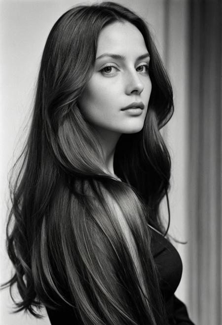 Extremely beautiful woman,very long hair, masterpiece, 1960s tyle portrait photograph by Helmut Newton, Rolleiflex medium format tlr