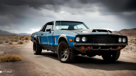 cinematic, filmic image 4k, 8k with [George Miller's Mad Max style]. The image should be captured in a [wide-angle view] and depict [single] a [post-apocalyptic] V8 [muscle car]. The car's paint is a [black] covered in a spots of [rust] and thin layer of smooth [dust] and [dirt], making it appear [rugged] and [gritty] but with visible [black color] The car's body should be [sleek] and [aerodynamic], giving it a [low] and [aggressive] stance that conveys [power] and [speed]. The front of the car should feature a [distinctive] front nose cone with [rectangular lights] that adds to its [intimidating] appearance. The car's wheels should be [large] and [sturdy], with [thick] tires that can handle the [rough] terrain of the [post-apocalyptic] wasteland. The rims should be made of [durable] metal with a [unique design] that showcases the car's [individuality]. In addition, the car should have [eight exhaust side pipes]. The car should also feature a Weiand 6-71 [supercharger] mounted on the hood, protruding through the bonnet. Car should be designed to look both [powerful] and [functional], built to withstand the [harsh] conditions of the [post-apocalyptic] wasteland. The image should be [ultra-realistic], with [high-resolution] captured in [natural light]. The lighting should create [soft shadows] and showcase the [raw] and [vibrant colors] of the car. The image should be a highly-detailed photography set in a [post-nuclear], [fallout] like setting, conveying a sense of [danger] and [grittiness]. The final image should be a [masterpiece], with a [realistic portrayal] of the Interceptor that is both [intimidating] and [awe-inspiring]. Background should contain [empty desert highway], image takes place before the storm, with the [hot summer sun] still shining brightly in the sky, but in the distance, the sky is a [dark and foreboding shade of blue], hinting at an impending storm <lora:zeekars:1>