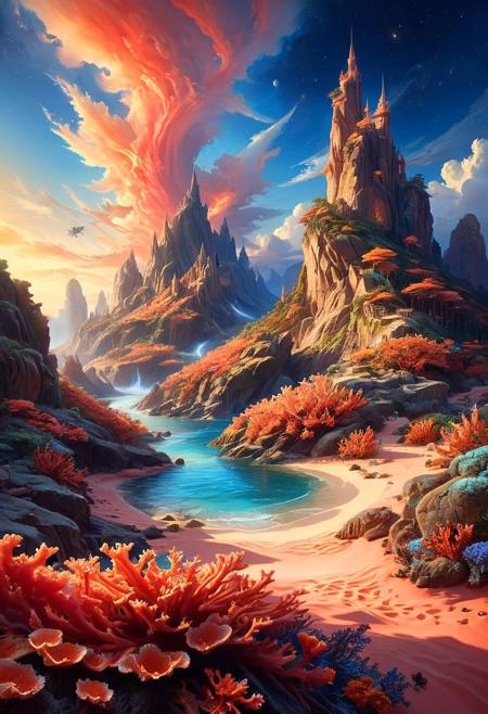 ethereal fantasy concept art of  breathtaking  a wanderer between worlds in flowing clothes, (epic landscape:1.5),  (style Ido  drawing), (style Ido  painting),best quality, masterpiece, extremely detailed,  professional  art,  professional painting, an extremely delicate and beautiful, dynamic,  great lighting, perfect shading, professional shading, depth of field,   side soft light, elegant, gorgeous, highly detailed,   full shot, uncropped,   pure genious, absolutely perfect,  highly detailed, breathtaking,
image style is octane render with detailed John Berkey  incluence ,, landscape  a cosmic canvas where stars weave tales of eternity, Towering Granite Spires and Cliffs,       bioluminescent ,     many small clouds, and one big cloud, and clear sky,,   in the sky is blackhole and coronal flares and asteroid belts ,  ,a vibrant coral reef, with schools of fish darting between the brightly colored coral structures.,
<lora:psychedelic_trip:0.7> psychedelic trip,
<lora:EldritchRomanceIllustration1.3.1:0.5>,
<lora:- SDXL - vanta-black_contrast_V3.0:0.2>,
<lora:add-detail-xl:1>,
<lora:detailed_notrigger:1>,, masterpiece, award-winning, professional, highly detailed, magnificent, celestial, ethereal, painterly, epic, majestic, magical, fantasy art, cover art, dreamy, sandswirl