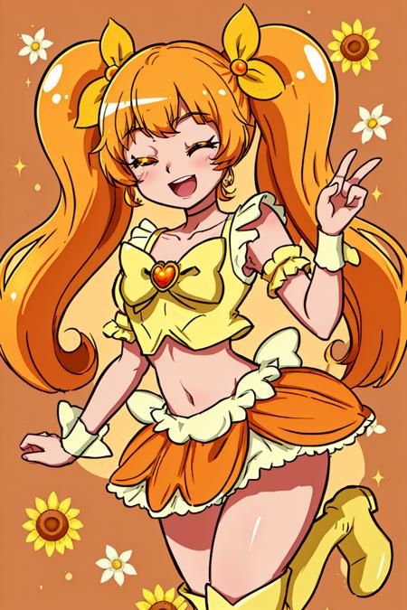 1girl, myoudouin itsuki, cure sunshine, jewelry, brooch, solo, sunflower, long hair, twintails, heart brooch, one eye closed, blonde hair, magical girl, skirt, choker, orange choker, orange bow, yellow eyes, midriff, bow, flower, boots, smile, ribbon, knee boots, hair ribbon, heart, yellow bow, wrist cuffs, open mouth, navel, floral background, orange skirt, <lora:Prettycute v2:0.7>