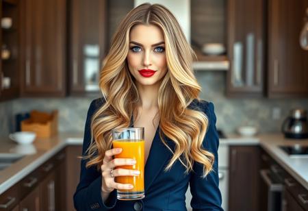 ArtfulNSFW, The image is a portrait of a woman with long wavy golden hair. Wearing a dark blue business suit,  Standing in an expensive kitchen, The woman is looking directly at the camera with a playful expression on her face. holding a glass of orange juice, Her hair is styled in loose waves and falls over her shoulder. The background is sharp making the woman the focal point of the image. The lighting is soft and natural highlighting her features., 1girl, solo, ruby red lips, golden hair, looking at viewer, deep blue eyes, full body portrait,