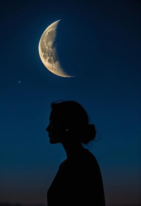 Capture the cinematic allure of a seamless dark blue sky adorned with a perfect crescent moon, its delicate shape hanging serenely in the night. Utilize a shallow depth of field and an 85mm lens at F1.5 aperture to focus sharply on the moon, emphasizing its exquisite detail against the deep blue canvas. In the foreground, feature a close-up silhouette of a woman, her form illuminated by the moonlight, exuding an air of mystery and enchantment. Enhance the atmosphere with an added grain effect, evoking the timeless allure of classic cinema. Let the scene transport the viewer into a realm of nighttime magic and intrigue, where the beauty of the celestial and human form converge in a mesmerizing tableau.
