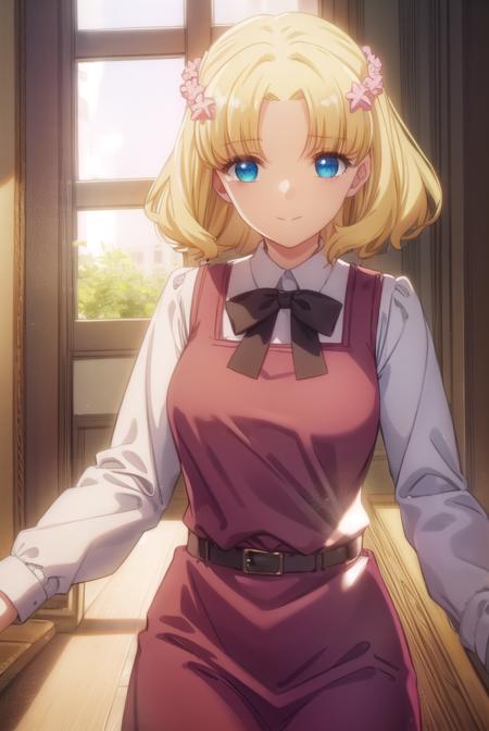 mariacampbell, <lora:maria campbell s2-lora-nochekaiser:1>,
maria campbell, short hair, blue eyes, blonde hair, hair ornament, flower, hair flower, (parted bangs:1.5), smile,
BREAK shirt, long sleeves, dress, bow, white shirt, belt, bowtie, pink dress,
BREAK indoors,
BREAK looking at viewer, (cowboy shot:1.5),
BREAK <lyco:GoodHands-beta2:1>, (masterpiece:1.2), best quality, high resolution, unity 8k wallpaper, (illustration:0.8), (beautiful detailed eyes:1.6), extremely detailed face, perfect lighting, extremely detailed CG, (perfect hands, perfect anatomy),