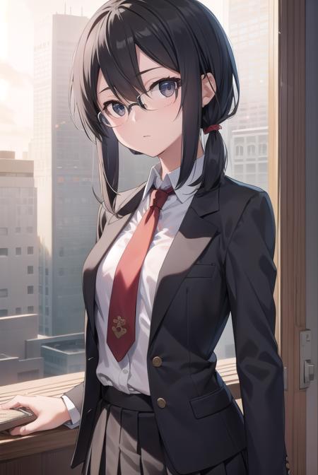 shinoasada, <lora:shinoasada-lora-nochekaiser:1>, 
shino asada, (black eyes:1.5), black hair, hair between eyes, hair ribbon, short hair, sidelocks, glasses, (small breast:1.2),
BREAK blazer, black jacket, black skirt, jacket, necktie, pleated skirt, red necktie, ribbon, school uniform, skirt, tress ribbon,
BREAK looking at viewer,
BREAK indoors, classroom,
BREAK <lyco:GoodHands-beta2:1>, (masterpiece:1.2), best quality, high resolution, unity 8k wallpaper, (illustration:0.8), (beautiful detailed eyes:1.6), extremely detailed face, perfect lighting, extremely detailed CG, (perfect hands, perfect anatomy),