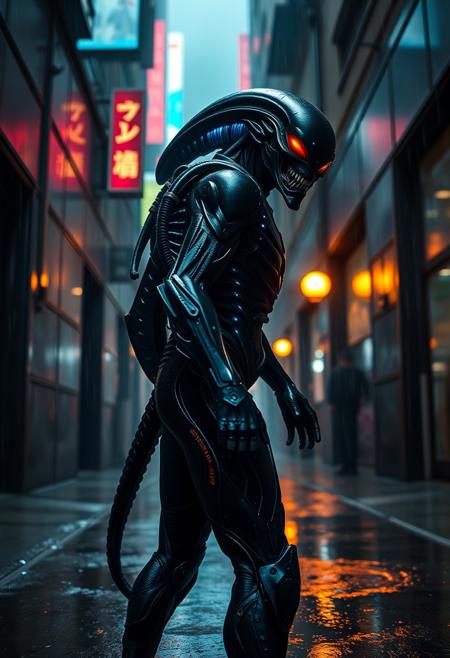 A gritty, photorealistic science fiction film style. Dark, moody ambiance with neon highlights and volumetric fog. A low-angle, medium shot of a menacing alien warrior standing in a dystopian city alleyway. The alien has bio-luminescent markings and sleek black armor with glowing blue circuitry. Rain is slicking off the armor, with puddles reflecting the city lights. The alien turns its head, revealing glowing red eyes and a snarling expression.