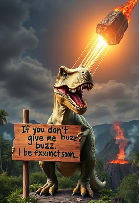 “A glorious T-Rex standing upright, looking absurdly majestic yet goofy, with a ridiculous, stoned-like smile. It’s holding a hand-painted wooden sign that reads: ‘If you don’t give me buzz, I will be extinct soon…’. The prehistoric landscape features lush greenery and smoking volcanoes, but dominating the background is an enormous, fiery asteroid streaking through the sky, trailing a vivid tail of smoke and flames. The asteroid looms menacingly, its trajectory clearly aimed at Earth, creating a dramatic yet humorous contrast with the oblivious T-Rex’s carefree expression.”