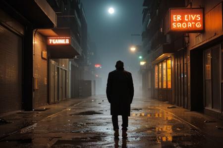 Desolate rain-soaked cityscape at night, shadows clozk dimly lit alleyways, neon signs flicker in the distance, heavy mist glow over the empty streets, abandoned buildings loom ominously against the dark sky, shattered windows reflecting the pale light of the moon, a lone figure with a tattered coat traverses the Urban maze, each step he takes echoes softly on the wet pavement, atmosphere is thick with tension, world of darkness and despair, hautingly beautiful tableau