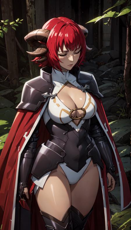 goat horns red hair short hair red eyes armor white outfit cleavage cutout leather straps shoulder pads red cape