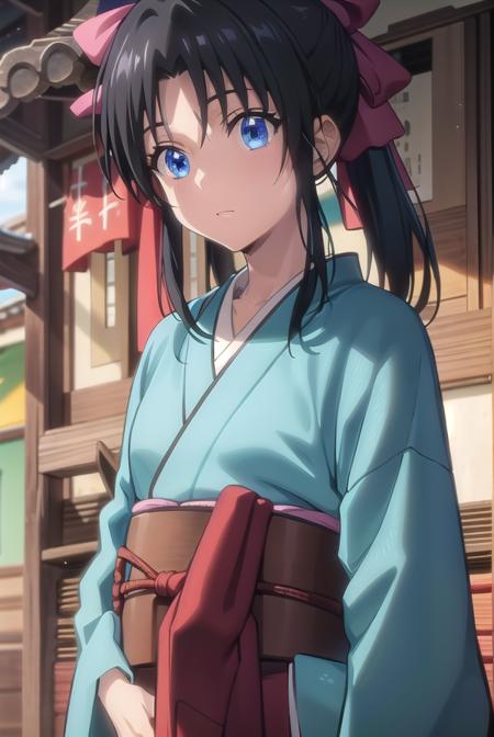 kaoru kamiya, blue eyes, black hair, pink bow, bow, hair bow, kaoru kamiya, blue eyes, black hair, ponytail, japanese clothes, kimono, sash, obi, skirt, japanese clothes, hakama, hakama skirt, japanese clothes, open clothes, kimono, bandages, hakama, sarashi, open kimono, chest sarashi, hadanugi dousa, bokken,