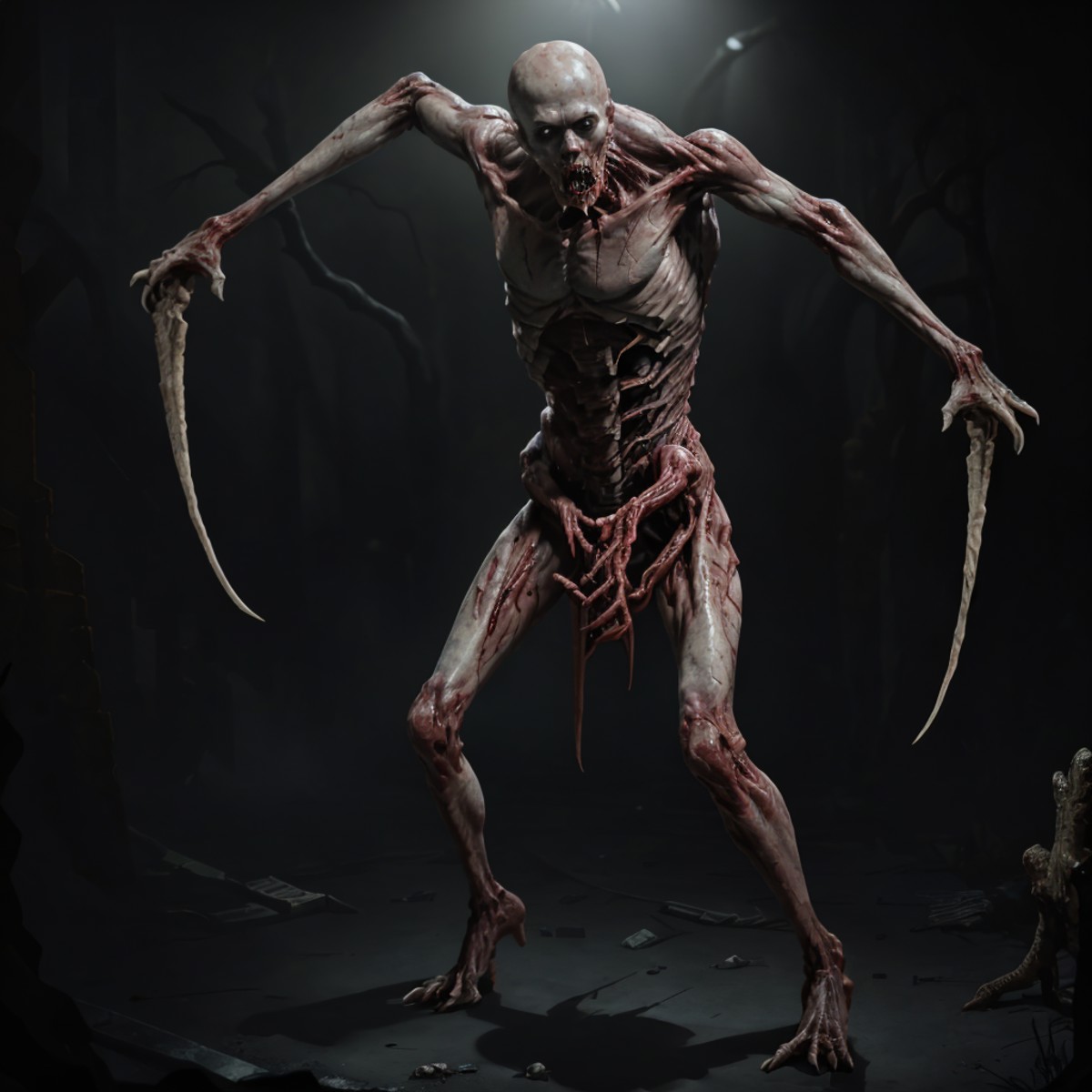 deadspaceslasher standing in a dark room, dramatic lighting, flesh, gore, horror, streched out limbs with bones attached t...