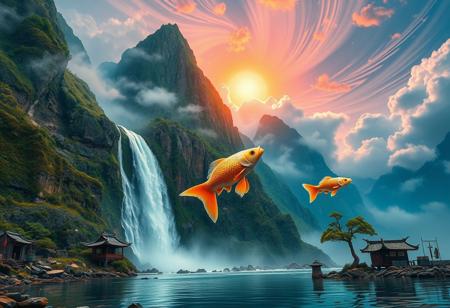 there is a tall waterfall, majestic water fall, the water fall is coming out of a mountain, Chinese mountains, there is moss growing on the mountains, small bonsai trees on the mountain, water mist, sun in the sky, sun behind clouds, water basin at base of cliff, small hut at base of cliff, small hut next to water fall, fishing rack, fishing polls, basket, fishing spot on shore, giant coy fish, white orange and gold coy fish, giant coy fish jumping out of water, shore, clouds, swirling, vivid colours, blue, orange, pink, sky, ancient, overgrown, landscapes, intricate details, background colourful, cloud streams, dynamic, vibrant colours, high quality, detailed, realistic, beautiful, extreme detail, hyper realistic, dynamic light, expressive, digital media (artwork), hi res, masterpiece, RAW, photo, 8k, very sharp, very detailed, realistic, real, cinematic view, shaded, detailed shading, shading,