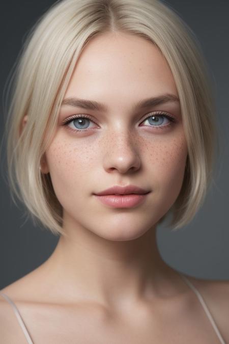 epiCRealism, a professional photography of a Norwegian girl with gorgeous medium length haircut and platinum hair, cowboy shot, loose light blue translucent summer dress with thin straps, light gray eyes, plump healthy lips, smile, platinum thin eyebrows, small nose with freckles, petite, slender, fit, perky small breasts, vibrant colors, insanely detailed, hyperdetailed,  cinematic lighting, high quality, realistic textured skin and skin details,  detailed pupils, cute, highly detailed, RAW photo,  skin pores, skin fuzz,  subsurface scattering, she is posed innocently above the viewer on a icy shelf