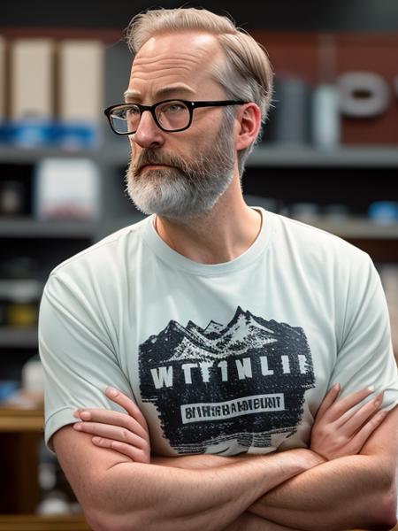 photo of (LuckyHank:0.99), a bearded man wearing glasses, wearing a Black bomber jacket, graphic t-shirt, with a ripped jeans,  detailed face, realistic skin, high quality, (brown eyes:1.1), Leica 50mm, f1. 4, natural light, grainy, (high detailed skin:1.2)