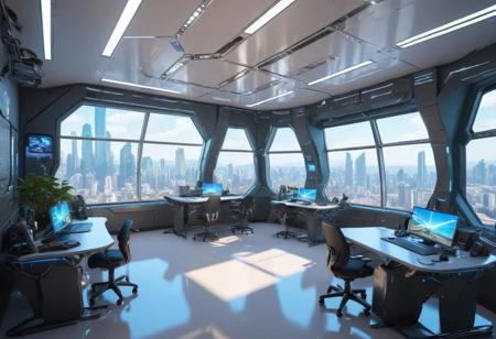 futuristic classroom, cyberpunk equipments; bright and cozy; large & crystal clear windows