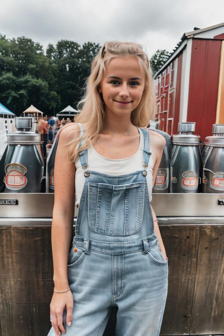 RAW photo of smillacryss, Tank top and denim overalls for a country fair, (high detailed skin:1.2), 8k uhd, dslr, soft lighting, high quality, film grain, Fujifilm XT3, <lora:smillacryss:1>