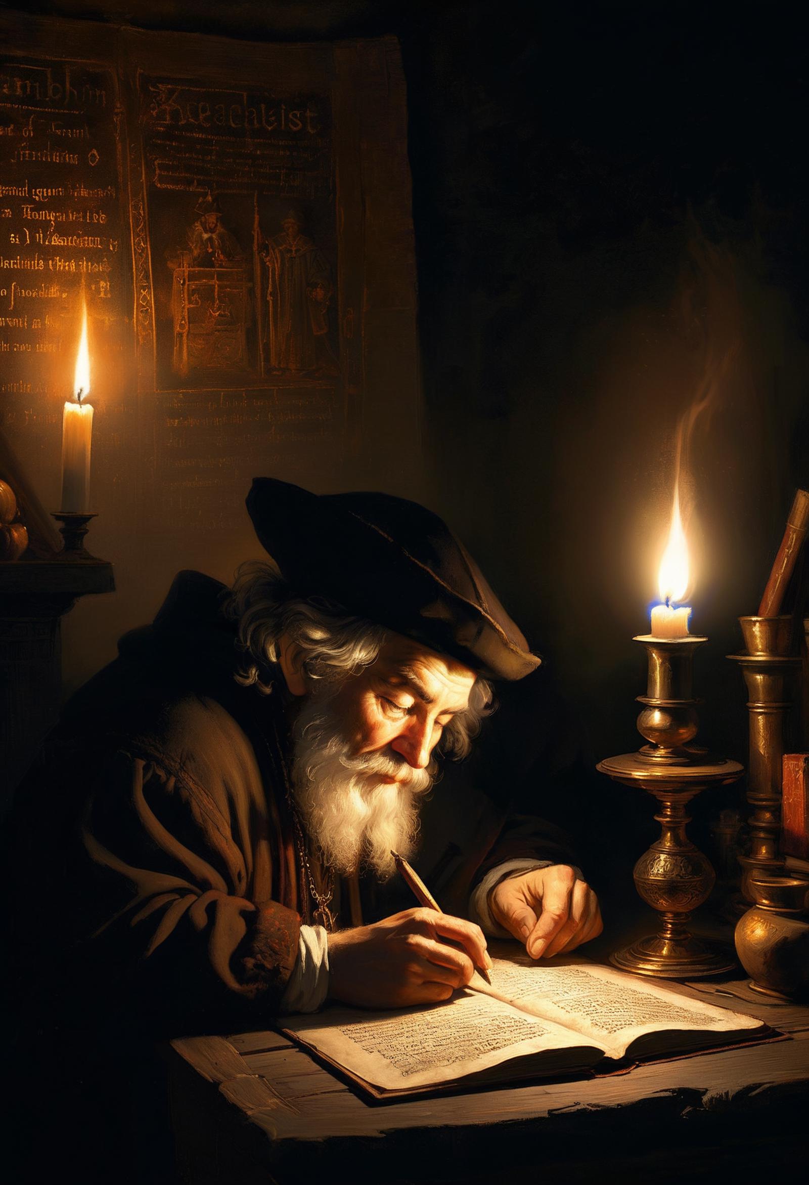 An old man reading a book by candlelight.