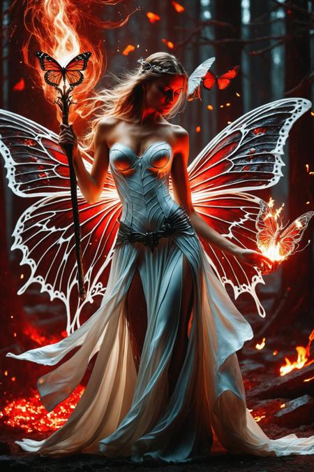 Dystopian style a woman in a white dress holding a wand and a butterfly wings on her body [16],3d,dragon art,surrounded by monsters and fire and ice,<lora:Anne Stokes CLIP2:1>,Anne Stokes fantasy art,woman,female,wings,beautiful,detailed,black,dark,red,white,sexy,<lora:Alfred Manessier CLIP:1>,Alfred Manessier,dynamic folds,flowing forms,volumetric lighting,., 8k uhd, high quality,  . Bleak, post-apocalyptic, somber, dramatic, highly detailed