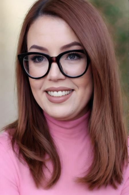 Photo of beautiful j3ssc4r0l1n3 woman, detailed face, (blurred background)+, pink turtleneck blouse, analog film grain, smile, makeup+, glasses