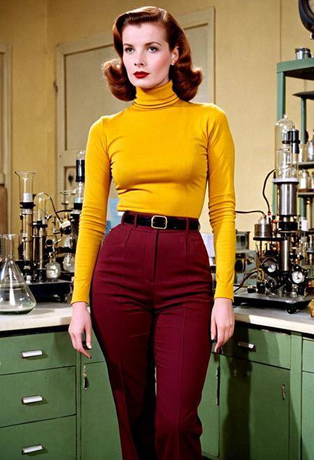 1940s vintage retro, Lois Lane DCU, female woman, broad shoulders, slim waist, wide hips, form-fitting golden-rod-yellow cotton turtleneck long-sleeved t-shirt, tight hip-hugging burgundy-maroon slacks trousers pants, in a mad scientist's lab laboratory, perfect photo, highly detailed, best quality, fine details, coherent face, full body shot, standing, technicolor film still screencap, kodachrome photograph