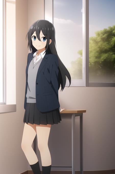 (masterpiece), high quality, (detailed background), 1girl, solo,
<lora:SawadaHonoka-v3-04:0.7>, ChopioSawadaHonoka, black hair, long hair, hair between eyes, blue eyes, mole under eye,
outfit_2, black blazer, open blazer, long sleeves, grey sweater vest, white shirt, collared shirt, pleated skirt, black skirt,
black kneesocks, grey footwear, trainers,
indoors, classroom, full body, 
standing, smile, desks, chalkboard, window, curtains, sunset, contre-jour, backlighting, light rays, bokeh, lens flare, looking to the side, from side, looking up, floating hair,