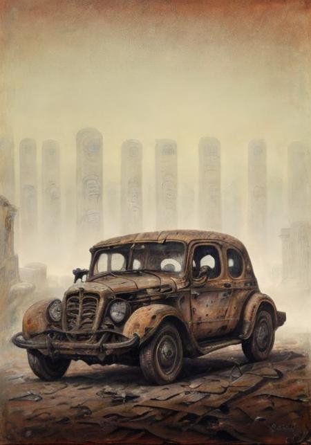 a old rusty car in a river, by darius kawasaki <lora:darius_v1.0c-sv5:1>