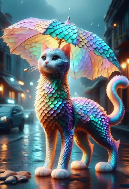 masterpiece-level, best quality, highly detailed, absurdres, 8k, HDR, fantasy-themed, sci-fi elegance, Warframe aesthetic, photorealistic render, dramatic lighting, nighttime, rainy atmosphere, high-tech buildings made from scales, dark alley made from scales, glowing energy channels (blue or gold), futuristic armor made from scales, Trinity-like Warframe made entirely of shimmering scales, elegant and tall, slightly angled posture, protective stance, clear plastic umbrella made from transparent scales, visible raindrops made from tiny iridescent scales, cute animal focus, really cute animal, cute focus, calico kitten made from soft scales, shivering kitten with scale-textured fur, nestled between massive armored feet made of interlocking scales, scaled world motif, everything made from scales, scaled rain, scaled surfaces, scaled umbrella, close medium shot, umbrella and Warframe arm prominent, rain pouring down made from scales, glowing ambiance from scaled textures, holding umbrella:2, kneeling, raining, protection, touching moment, juxtaposition, vibrant and hilariously relaxed aesthetics, intricate scale details, lora:albrecht_labs:1, scaleboundsdxl