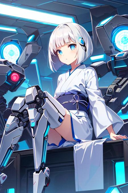 (sfw), intricate details, (bright neon colors), detailed background, daylight, indoors, 1girl, (petite, (expressionless cute face, bright glowing blue eyes), (human torso, petite perky breasts, yukata, robotic arms, robotic legs), (white hair, bob cut)), dynamic angle