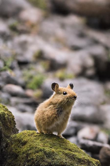 classicnegative photo of a cute pika standing on a mossy rock in the mountains, screaming, mouth wide open, tongue out