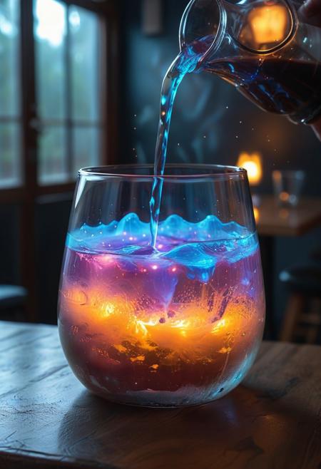 8k, Raw digital photo, lthndrtrl, a glass on a table in a restaurant, Liquid being poured into a glass, glow of bioluminescent Liquid, ethereal quality environments, glowing particles, minimalist, dark background,