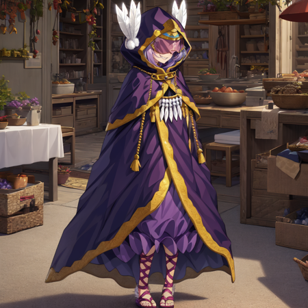 a cartoon character that is wearing a purple cape and hood, and has long hair, solo, sandals, full body, sharp teeth, feathers, smile, hood, indoors, room background, covered eyes, 