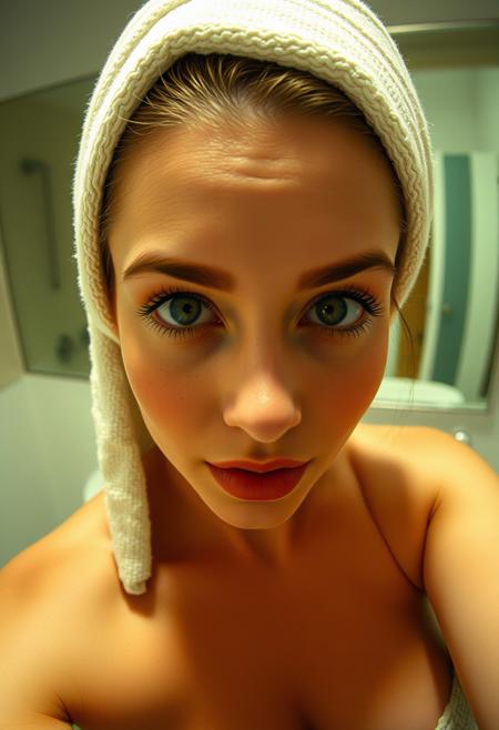 score_9, score_8_up, score_8_up, detailed face, woman with large sagging breasts, cute, towel, bathroom, rare angle selfie, flash, night, webcam photo, highly detailed, motion blur, film grain, raw, amateur, low quality, traditional media, detail areola, puffy nipples, ,wet hyper-realistic, highest quality, masterpiece, huge thick nipple rings, score_9, score_8_up, score_7_up,