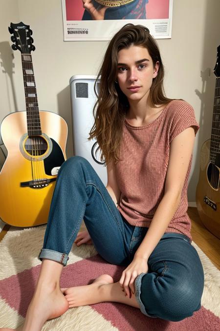 too cute to be true, 18 years old,  close-up, messy hair, from below,  (nip slip:0.2), baggy red striped clothes, armpit,, full body, natural, no makeup, looking at viewer, finger on her lips, legs and feet, legs show, legs fetish, anklet, very messy room, (((guitar))), posters on the wall, pop idols posters,