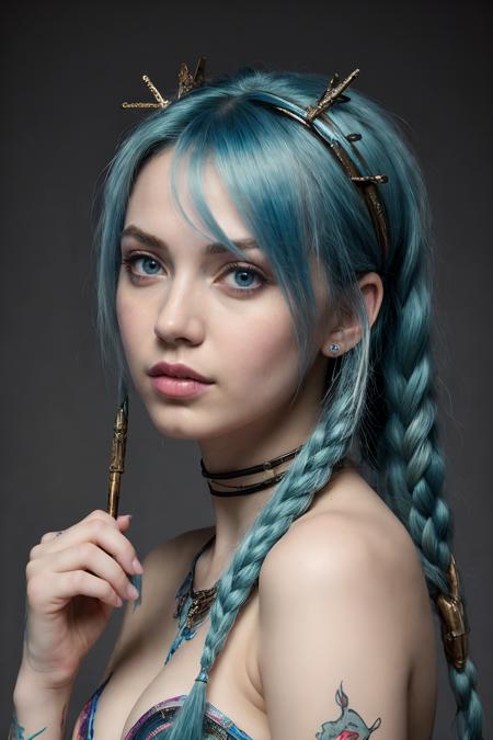 (masterpiece, best quality:1.4),  <lora:JinxLol:0.5> masterpiece, high quality, jinxlol, 1girl, blue hair, fantasy style
