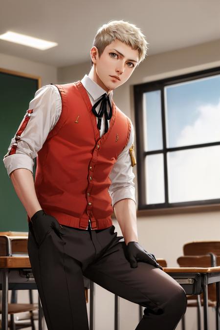 (masterpiece, best quality:1.2), solo, male focus, 1boy, sanada akihiko, expressionless, looking at viewer, hand in pocket, school uniform, red vest, sweater vest, neck ribbon, black gloves, black pants, classroom <lora:persona3_akihikosanada:1.0>