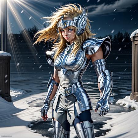 masterpiece, best quality, highres, solo, 1girl, blue eyes,serious, detailed background,ice,outdoors,medium breasts,long hair, blonde hair,fingerless gloves ,<lora:more_details:0.8>, pauldrons , <lora:hyogaV2:0.8>,cygnus final,light rays,snowing,looking at viewer