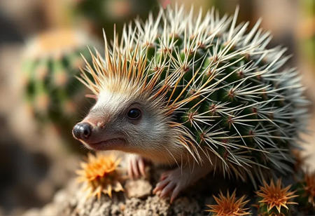 a hybrid of a hedgehog and a cactus, sharp focus, high contrast, stylized, clear, surreal, ultra quality, 8k, best quality, masterpiece, colorful