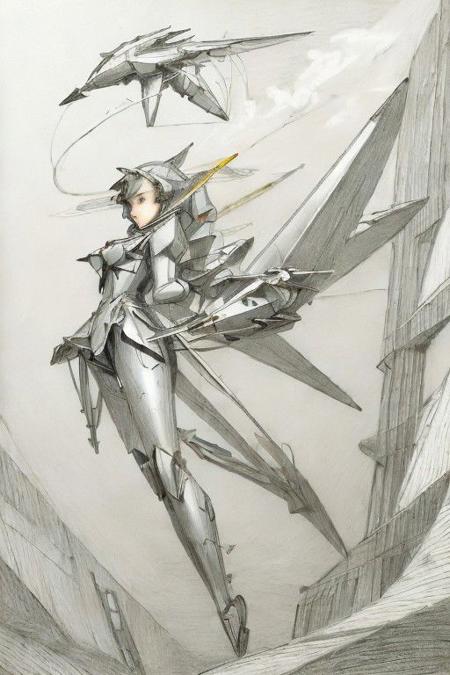 (pencil drawing art:1.5), 2d artwork, line art, cenptual art, a flying mecha-cyber woman, cybernetics,  <lora:Llebbeuswoods
:1.5>, (seductive pose), aviation