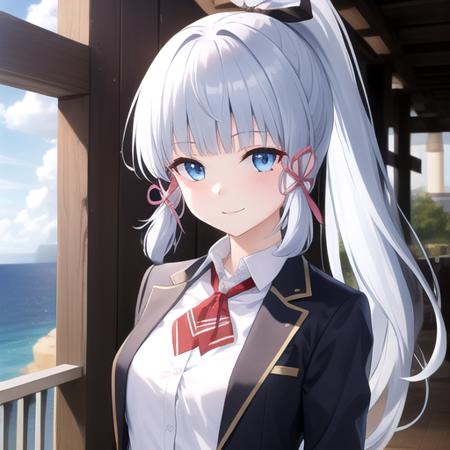 ((masterpiece)),(best quality),official art,extremely detailed CG,unity 8k wallpaper,ultra detailed,A lighthouse on a cliff by the sea,1girl,solo,upper body,(portrait:1.2),looking at viewer,high_ponytail,long_hair,blunt_bangs,blue_eyes,white_shirt,black_jacket,red_neckwear,hair_ornament,hair_ribbon,light_blue_hair,smile,sidelocks,medium breasts,pleated_skirt,long_sleeves,school uniform,blue_skirt,loafers,white_thighhighs,mole_under_eye,<lora:Kamisato Ayaka(gen)>,