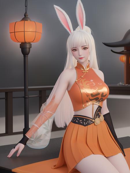 1girl,long white hair,mature female,looking at viewer,(cityscape:1.1),night,rabbit ears,orange crop top,skirt,single black glove,orange skirt,ponytail,asymmetrical see-through sleeves,belt,collar,chinese clothes,pleated skirt,cowboy shot,sitting,chair,makeup,blush,light smile,metal trim,navel, <lora:GSLguofeng_20230723155619-000015:0.75>,east asian architecture, lantern,