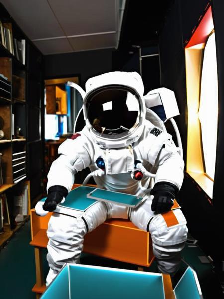 The astronaut:1.2 assembles furniture:1.1, the pieces clicking together like parts of a spacecraft:1.2, a terrestrial DIY adventure. , <lora:Astro_Life:0.8>