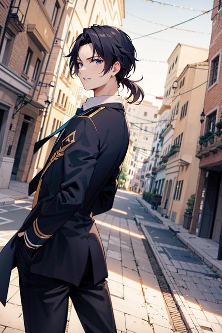 masterpiece, best quality, natural color, highly detailed,1boy,john smith,<lora:john_smith:0.6>,black hair, necktie,suit, formal,short ponytail, 
looking back, looking at viewer, from behind,
street,building, 
