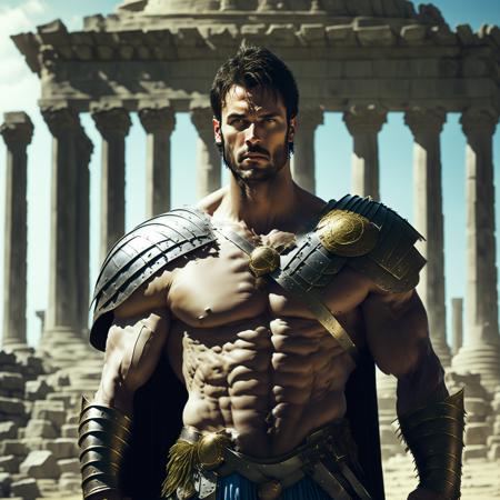 a gladiator standing in front of a temple,dark style, darkness, fantasy, gothic, horror,