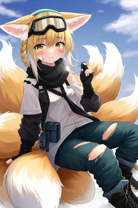 masterpiece, best quality, highres, 1girl, solo, {suzuran_arknights:1.10}, animal_ears, fox_ears, blonde_hair, fox_girl, fox_tail, bangs, tail, green_eyes, hairband, animal_ear_fluff, multiple_tails, blue_hairband, braid, hair_rings, kitsune, white_hair, multicolored_hair, smile, infection_monitor_\(arknights\), holding, oripathy_lesion_\(arknights\), hair_between_eyes, long_hair, two-tone_hair, black_scarf, goggles, goggles_on_head, official_alternate_costume, scarf, outdoors, looking_at_viewer, dirty_face, fingerless_gloves, gloves, pants, kyuubi, black_pants, eyewear_on_head, boots, day, dirty, torn_clothes, torn_pants