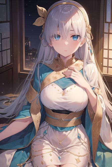 anastasia, blue eyes, grey hair, hair between eyes, (hair over one eye:1.5), long hair, bangs, blue cloak, brown hairband, cloak, dress, fur trim, hairband, royal robe, sash, tachi-e, white dress, wide sleeves,