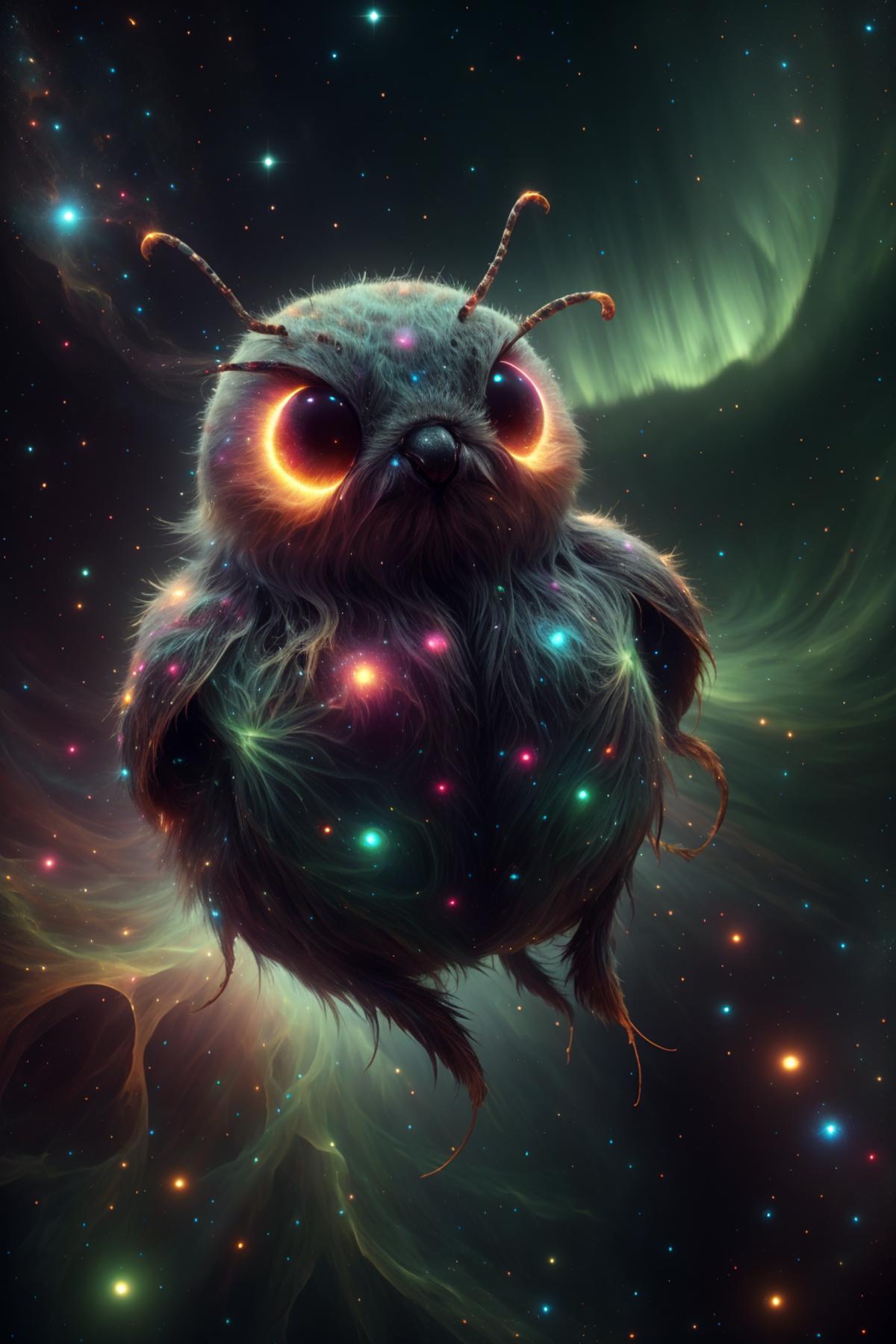 An Alien Owl with Glowing Eyes and Antennae Sits Against a Colorful Space Background