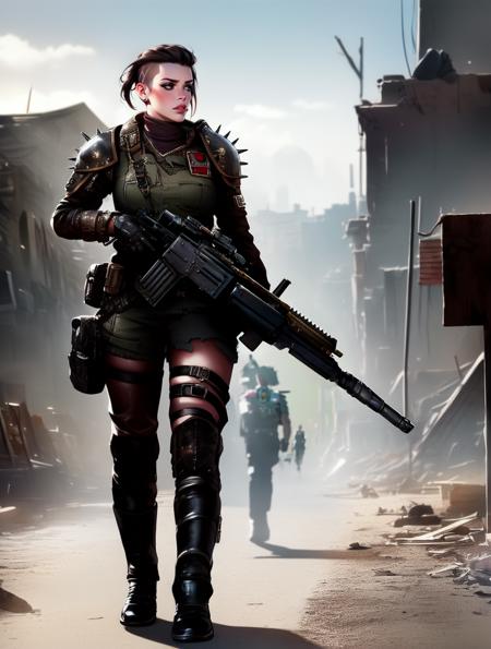 masterpiece, best quality, high quality, (realistic), detailed lips, detailed face, detailed eyes, 1girl, post apocalyptic, armor, spikes, punk, undercut, walking, shanty town, ruins, warhammer 40k, full body, assault rifle, underhiver, lasgun