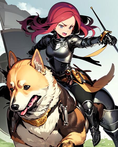 <lyco:himukai_yuuji-NAI-LyCORIS:1>
a female knight riding her corgi into battle