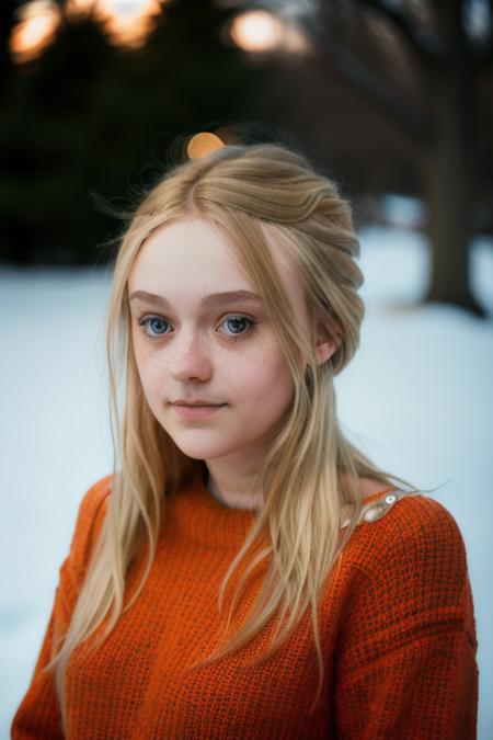 a woman in a knitted sweater, winter evening, perfect face, ((amateur, candid)), RAW, 8K, UHD, (close up, head shot), shoulder length [blonde] hair, <lora:dakotaFanning:1>